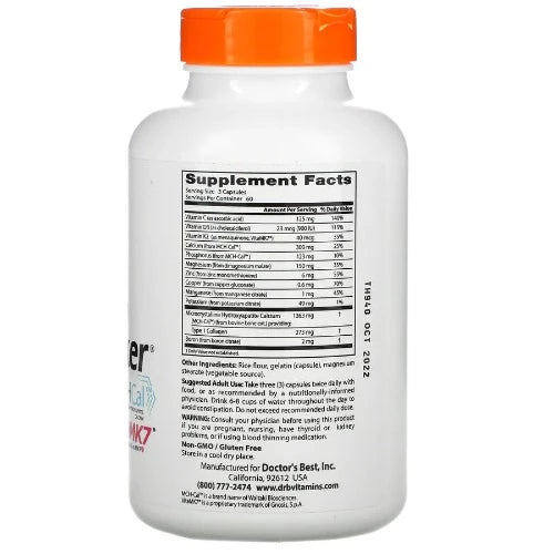 Doctor's Best Calcium Bone Maker® Complex with MCH-Cal™ and VitaMK7® provides key bone nutrients in their most bioactive forms. Vitamin C assists bone matrix formation. Vitamin D3 helps support the absorption of calcium in the bone, while vitamin K2 helps direct the calcium to the bones. MCH-Cal™ contains natural elements founds in healthy bone including calcium, phosphorus, and type 1 collagen.
