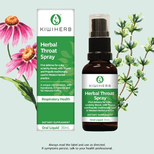 KIWIHERB Herbal Throat Spray 30ml Kiwiherb Herbal Throat Spray is a fresh tasting, convenient solution for oral health.  A unique formulation containing New Zealand native Kawakawa (Macropiper excelsum) - renowned for it's fresh peppery taste and with a long history of use in traditional Maori medicine.  Also contains certified organic Thyme, Echinacea root and Propolis in a base of Manuka Honey.