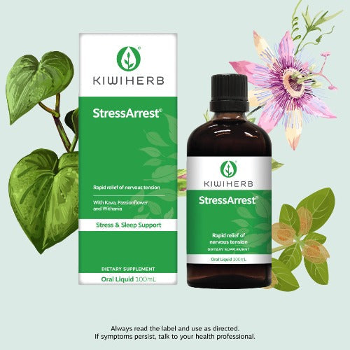 KIWIHERB StressArrest 100ml Kiwiherb StressArrest combines the traditional relaxant properties of Kava, Passionflower and Withania, Kiwiherb StressArrest® provides immediate relief of nervous tension and worry. 