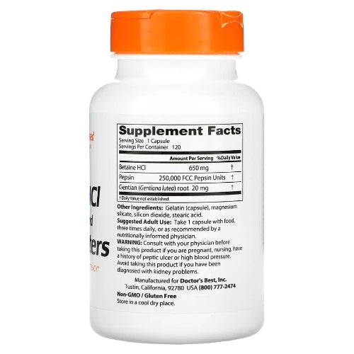 Doctor's Best Betaine HCL Pepsin & Gentian Bitters, 120 Capsules Betaine HCI/Pepsin/Gentian Bitters contains three nutritional factors that perform complementary functions designed to support the efficiency of the digestive process. Supplementing with Betaine HCI may support the stomach's digestive capacity.