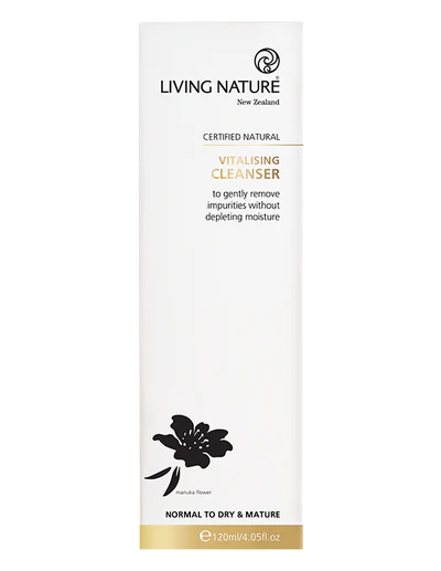 Living Nature’s certified natural Vitalising Cleanser is a gentle creamy cleanser to remove makeup and impurities without stripping your skin.  • Gentle cream formulation • Cleanses without stripping skin of protective oils • Suitable for normal to dry and mature skin • Certified natural • Made in New Zealand