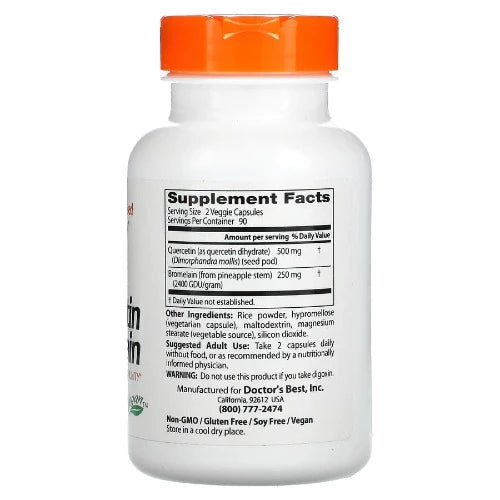 Doctor's Best Quercetin Bromelain, 180 Veggie Caps Flavonoids are nutrients found in colorful fruits and plants beneficial to human health. Quercetin contributes to the brilliant rich golden color of the Dimorphandra mollis plant, which supplies flavonoid extracted from the seed pods.