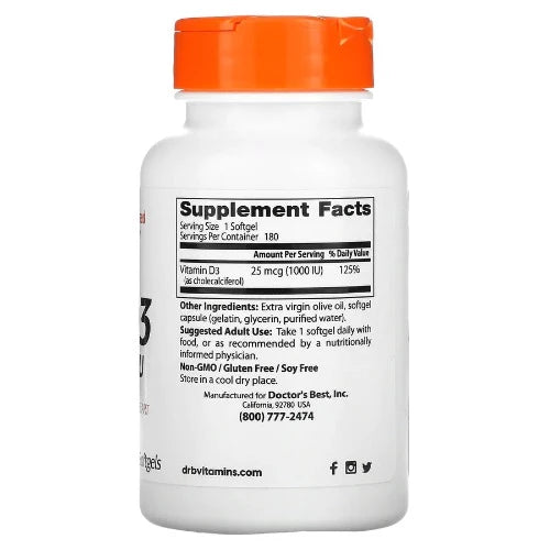 Doctor's Best Vitamin D3 provides D3 (as cholecalciferol) needed for the body to regulate phosphorus and calcium levels for healthy bones, teeth and heart. Vitamin D3 is produced in the skin by absorbing the sun's UV rays and is obtained from food in limited amounts. Sun protection and climate factors may influence low Vitamin D3 levels.