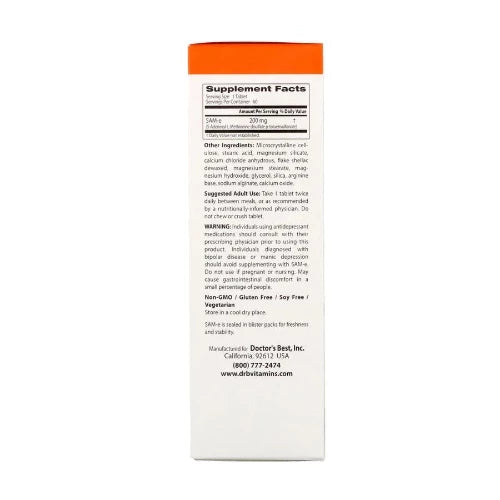 Doctor's Best utilizes only the highest quality Italian Soloesse® SAM-e providing slow and targeted release for improved GI tolerance and absorption. Our SAM-e 200 contains 200 mg of active Soloesse SAM-e in each tablet. This ensures that you receive the most potent SAM-e product with the highest percentage of the active S,S form per serving.