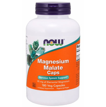 NOW Magnesium Malate 95mg 180 Veg Caps. What is Magnesium Malate?  Magnesium is a mineral that is critical for energy production and metabolism, muscle contraction, nerve impulse transmission, and bone mineralization.  It is a required cofactor for an estimated 300 enzymes.  Among the reactions catalyzed by these enzymes are fatty acid synthesis, protein synthesis, and glucose metabolism.