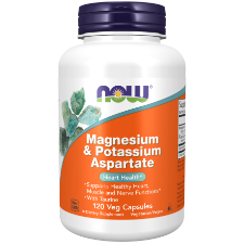 NOW Foods Magnesium & Potassium Aspartate 120 Veg Capsules 1st Stop, Marshall's Health Shop!  Magnesium and potassium are two minerals that are ubiquitous throughout the body and play fundamental roles in cell and tissue health.* They are especially critical for the maintenance of healthy heart and vascular function, the proper transmission of nerve impulses, and the contraction of muscle.