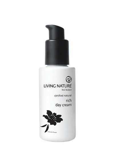 Living Nature’s certified natural Rich Day Cream is a luxuriously rich daily moisturiser to deeply nourish and protect against damaging free radicals.  • A nutrient rich cream formulated to draw in moisture and provide deep nourishment for dry skin • Provides daily protection to help neutralise skin aging free radicals • Suitable for dry and mature skin • Certified natural • Made in New Zealand