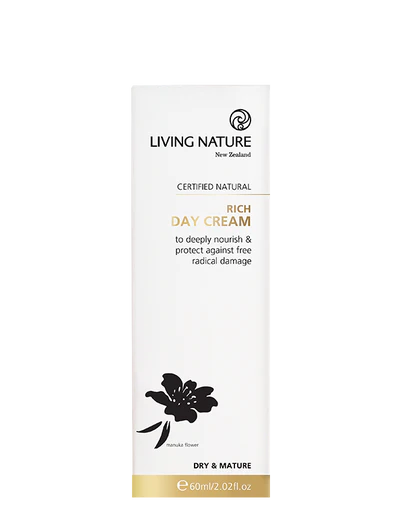 Living Nature’s certified natural Rich Day Cream is a luxuriously rich daily moisturiser to deeply nourish and protect against damaging free radicals. • A nutrient rich cream formulated to draw in moisture and provide deep nourishment for dry skin • Provides daily protection to help neutralise skin aging free radicals • Suitable for dry and mature skin • Certified natural • Made in New Zealand