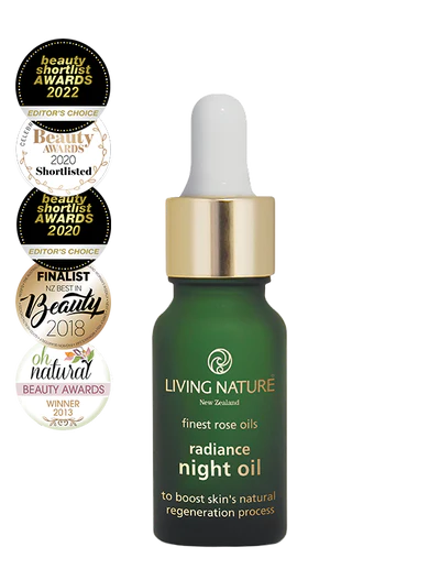 Living Nature’s certified natural Radiance Night Oil is an advanced antioxidant-rich night treatment, which works to improve the appearance of your skin while you sleep.  • An award winning blend of 100% natural and 96% organic botanical oils • Boosts skins moisture levels while assisting to repair and rejuvenate for firmer, younger looking skin • Infused with the luxurious fragrance of fresh roses • Assists with skin concerns such as dull tired skin, dry skin, scars and wrinkles