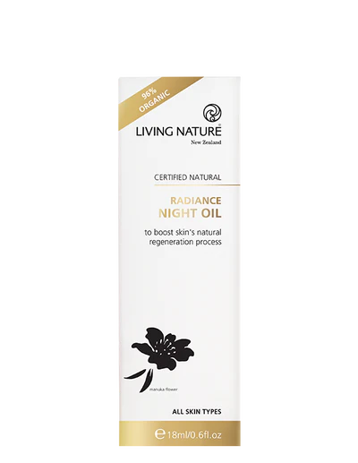 Living Nature’s certified natural Radiance Night Oil is an advanced antioxidant-rich night treatment, which works to improve the appearance of your skin while you sleep.  • An award winning blend of 100% natural and 96% organic botanical oils • Boosts skins moisture levels while assisting to repair and rejuvenate for firmer, younger looking skin • Infused with the luxurious fragrance of fresh roses • Assists with skin concerns such as dull tired skin, dry skin, scars and wrinkles