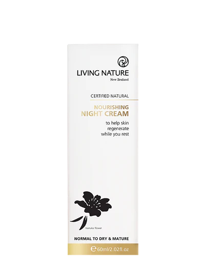Living Nature’s certified natural Nourishing Night Cream is a nutrient rich moisturiser to deeply hydrate and restore skin while you sleep.  • Increases moisture levels, plumping fine lines and leaving your skin soft and dewy • Works to restore elastin and collagen levels for firmer, younger-looking skin • Suitable for normal to dry and mature skin • Certified natural • Made in New Zealand