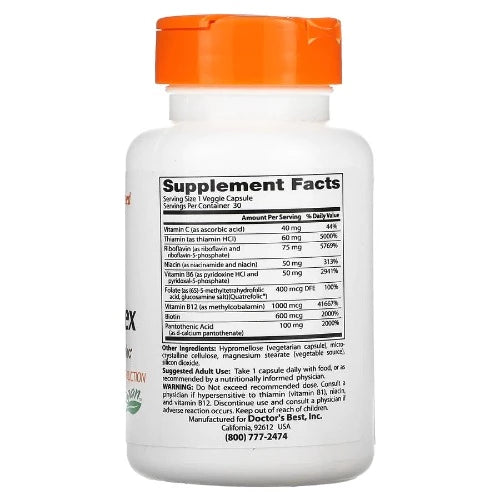 Doctor's Best Fully Active B Complex contains all eight important B Vitamins, a fully spectrum designed for optimal absorption and utilization to support overall health and well-being. Water-soluble B vitamins play important roles in cell metabolism, supporting DNA, organs, genes, cells, tissues, skin health, immune system, enzyme functions and energy production.