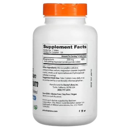 Doctor's Best High Absorption Magnesium, 100 mg, 240 Tablets Doctor's Best Magnesium provides a daily dose of high absorption magnesium without the gastrointestinal distress. This superior formula with 100% chelated lysinate glycinate magnesium absorbs effectively to support muscle relaxation and optimum nerve function.