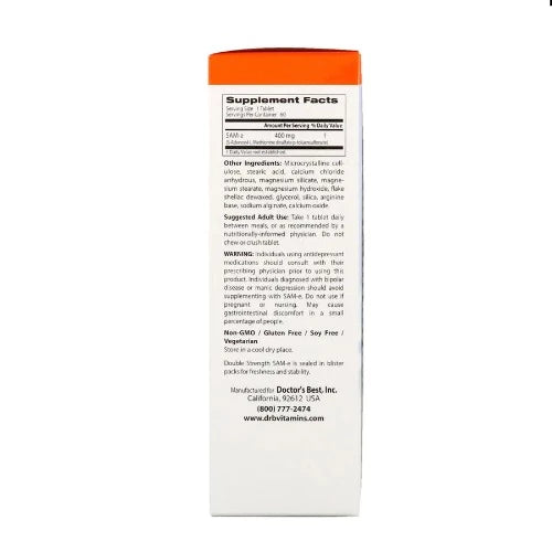 Doctor's Best utilizes only the highest quality Italian Soloesse® SAM-e providing slow and targeted release for improved GI tolerance and absorption. Our Double-Strength SAM-e 400 contains 400 mg of active Soloesse® SAM-e in each tablet. This ensures that you receive the most potent SAM-e product with the highest percentage of the active S,S form per serving.