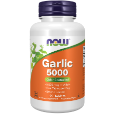 NOW Foods Garlic 5000 90 Tablets 1st Stop, Marshall's Health Shop!  This garlic product is standardized to yield allicin and allicin precursors, which convert to allicin when ingested. It is enteric coated so that this conversion occurs in the upper intestine for optimal absorption, while it avoids the release of garlic’s pungent odor in the stomach.