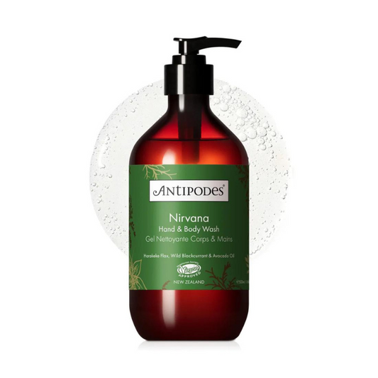 Antipodes Nirvana Hand & Body Wash 500ml 1st Stop, Marshall's Health Shop!  Treat your skin to the ultimate unisex hand and body wash for your daily and nightly cleansing rituals. A moisturising mix of harakeke flax, wild blackcurrant, and avocado oils nourish as they cleanse, revealing energised, fresh, and thoroughly replenished skin.