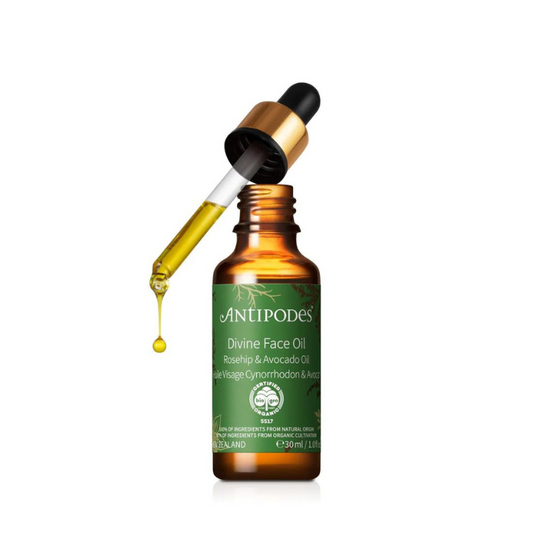 Antipodes Divine Face Oil Rosehip & Avocado Oil 30ml 1st Stop, Marshall's Health Shop!  An ultra-nourishing blend of organic avocado, rosehip, and macadamia oils to intensively replenish tired skin, reduce the appearance of lines and scars, and restore a fresh and glowing visage.