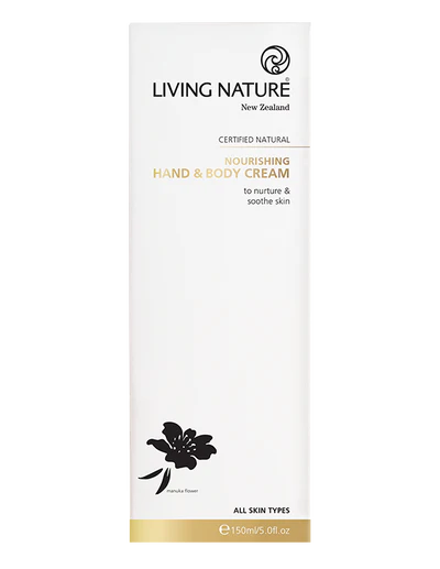 Living Nature’s certified natural Nourishing Hand & Body Cream is an ultra-hydrating formula enriched with active Mānuka Honey and Larch Tree Extract to leave your skin feeling beautifully soft and replenished.  Boosts skins moisture levels while assisting to repair dry, chapped skin With antioxidant rich Grapefruit Extract and Vitamin E Certified natural Suitable for all skin types Made in New Zealand