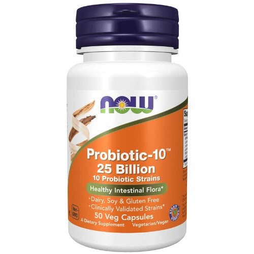 NOW Probiotic-10, 25 Billion, 10 Probiotic Strains 50 Veg Caps. What is Probiotic-10?  NOW® Probiotic-10™ offers a balanced spectrum of live organisms consisting of acid-resistant probiotic bacterial strains that are known to naturally colonize the human GI tract.  Probiotic bacteria are critical for healthy digestion.