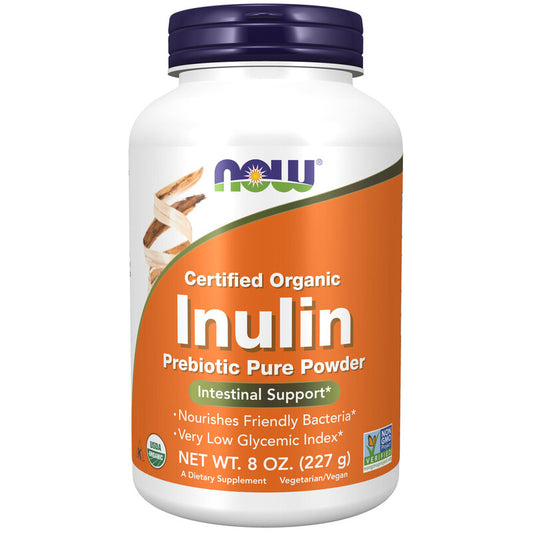 NOW Certified Organic Inulin Prebiotic FOS Pure Powder 227g What is Inulin?   Inulin, a fructooligosaccharide (FOS), is a soluble prebiotic fibre that is resistant to digestion and reaches the large intestine essentially intact.  Intestinal probiotic bacteria consume Inulin and in turn, produce the short-chain fatty acids that nourish the cells lining the colon.