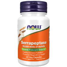 NOW Foods Serrapeptase 60 000 units 60 Veg Caps What is Serrapeptase?  Serrapeptase (serratiopeptidase) is a protein-digesting enzyme isolated from the friendly bacterium Serratia marcescens. Studies indicate that serrapeptase is absorbed intact from the digestive tract and that it acts systemically to support healthy immune system functions and promote the body’s normal healing processes. Some evidence suggests that serrapeptase may support respiratory health by helping to maintain normal mucus secretions.