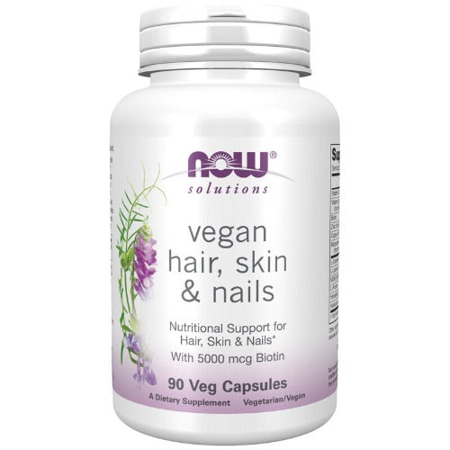 NOW Hair, Skin & Nails (Vegan) 90 Veg Caps. What is Hair, Skin Nails Capsules?  NOW® Solutions Vegan Hair, Skin & Nails works at the cellular level to promote natural beauty from within. This completely vegan formula offers the amino acids and minerals that are essential for the production of collagen and keratin, which are the main structural components of hair, skin, and nails.