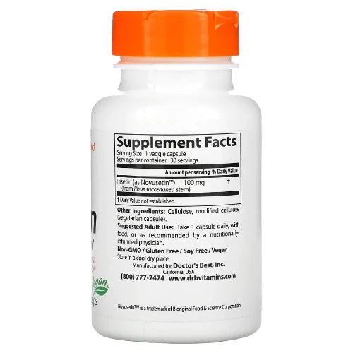Doctor's Best Fisetin with Novusetin ™️ contains a naturally sourced flavonol that displays positive effects on brain cells and cognitive function pathways in preclinical research. Fisetin is a bioflavonoid antioxidant that can help maintain glutathione levels and mitochondrial function in the presence of oxidative stress.