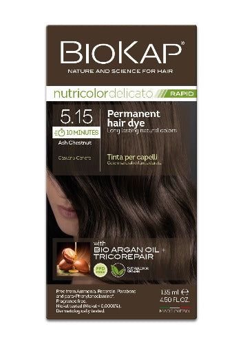 BioKap Delicato Rapid Natural Permanent Hair Colour 5.15 Ash Chestnut 135ml Formulated with no Para-Phenylenediamines. Biokap nutricolor delicato RAPID permanent hair dye, with vegetable ingredients and high skin tolerability, nourishes and repairs hair while dyeing it with optimal coverage of white hair with no drip. The RAPID formulation ensures maximum coverage in just 10 minutes due to its high concentration of pigment.