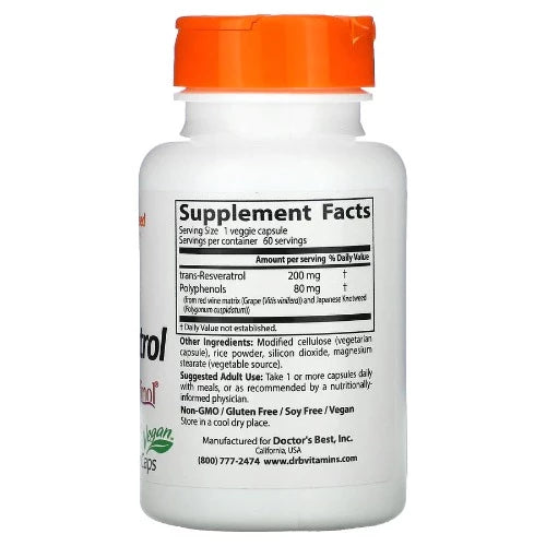 Doctor's Best Trans-Resveratrol 200 with Resvinol, 200 mg, 60 Veggie Caps ResVinol-25™ is a proprietary extract providing concentrated levels of polyphenols and trans-resveratrol from red wine matrix and the root of the Japanese Knotweed (Polygonum cuspidatum) plant