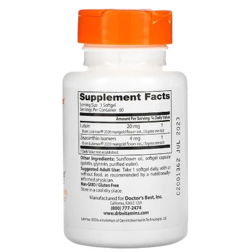 Doctor's Best Lutein with Lutemax® 2020 contains a highly researched, optimal ratio of lutein and zeaxanthin to help protect your eyes from harmful high energy blue light in everyday surroundings including most digital screens, sunlight, and indoor lighting.