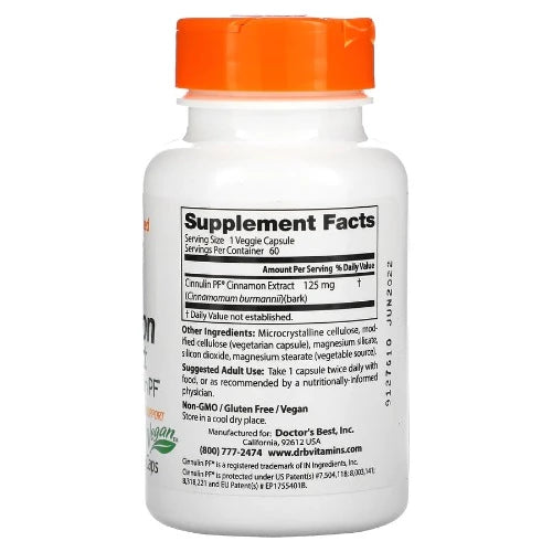 Doctor's Best Cinnamon Extract with Cinnulin PF, 125 mg, 60 Veggie Caps Cinnamon, one of the world's favorite spices, is a medicinal herb with more than 4,000 years of traditional use. Research has revealed that constituents in cinnamon bark called procyanidin Type-A polymers help support the body's ability to metabolize glucose in a healthy way.