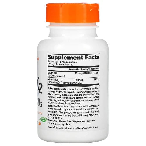 Doctor's Best Natural Vitamin K2 MK-7 with MenaQ7 plus Vitamin D3, 180 mcg, 60 Veggie Caps Stay young at heart. Specially formulated with MenaQ7®, the superior form of vitamin K, this daily supplement helps support your vessel walls and arteries. This thoughtful dosage of MenaQ7®, when paired with vitamin D3, helps inhibit soft tissue calcification and promotes arterial flexibility.