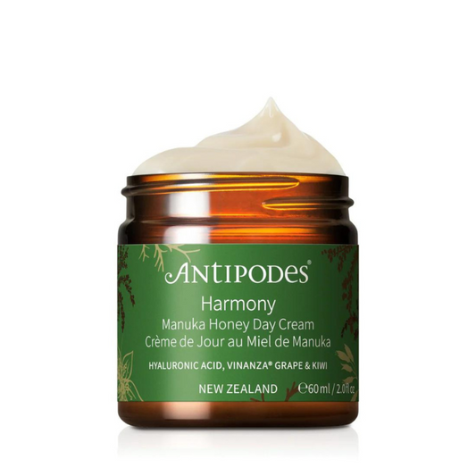 Antipodes Harmony Manuka Honey Day Cream 60ml 1st Stop, Marshall's Health Shop!  World-famous manuka honey, renowned for its health-giving benefits, helps to balance the complexion and improve the appearance of blemishes. Mamaku black fern encourages healthy cell turnover while plant-sourced hyaluronic acid provides intensive skin hydration. Antioxidant-rich Vinanza® Grape & Kiwi blends with peony to restore skin’s natural glow.