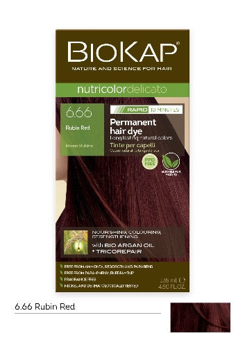 BioKap Delicato Rapid Natural Permanent Hair Colour 6.66 Rubin Red 135ml Formulated with no Para-Phenylenediamines. Biokap nutricolor delicato RAPID permanent hair dye, with vegetable ingredients and high skin tolerability, nourishes and repairs hair while dyeing it with optimal coverage of white hair with no drip. The RAPID formulation ensures maximum coverage in just 10 minutes due to its high concentration of pigment.