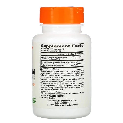 Doctor’s Best Natto-Serra (Nattokinase-Serrapeptase) is a combination of two natural enzymes that have been used as dietary supplements for decades. Serrapeptase (serratio-peptidase) is a protein-digesting enzyme isolated from the friendly bacterium Serratia E-15 discovered in the Japanese silkworm.