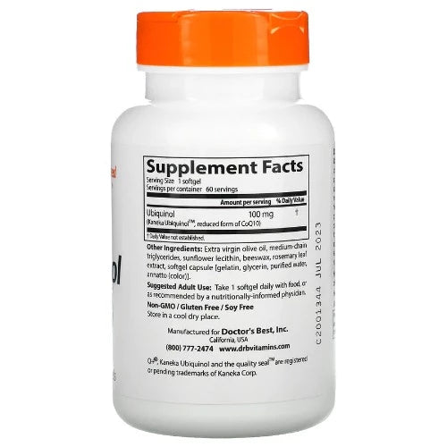 Doctor's Best Ubiquinol with Kaneka Ubiquinol™ contains the reduced form of coenzyme Q10. Both Ubiquinol (CoQ10-H2) and ubiquinone (CoQ10) are metabolically active. Each form has unique roles in cells relating to antioxidant actions, supporting healthy heart function and enhancing energy production.
