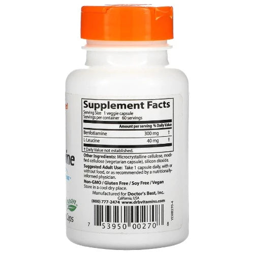 Doctor's Best Benfotiamine with BenfoPure, 300 mg, 60 Veggie Caps Benfotiamine (S-benzoylthiamine-O-monophosphate) is a derivative of thiamin, belonging to the family of compounds known as "allithiamines." Benfotiamine is fat-soluble and more bioavailable and physiologically active than thiamin. 