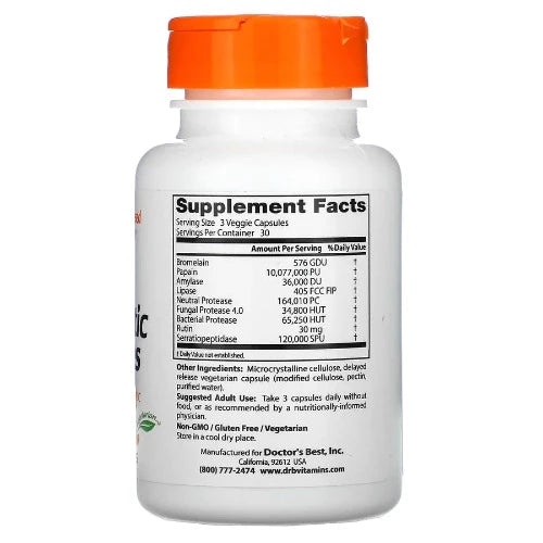 Doctor's Best Proteolytic Enzymes is a potent formulation containing a broad spectrum of vegetarian proteolytic enzymes. Proteolytic enzymes function in the body to digest and break down proteins into their amino acid components. Supplementing with proteolytic enzymes facilities chemical reactions that support normal metabolic functions throughout the body.