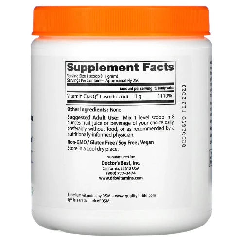 Doctor's Best Pure Vitamin C Powder contains Q®-C, which is manufactured in Scotland and prized for its quality and reliability. Vitamin C is indispensable to the body for its role in the synthesis of collagen, carnitine, and certain brain chemical transmitters. Abundant clinical research confirms Vitamin C's fundamental support for the immune system, brain, eyes, heart and circulation, and all organ systems.