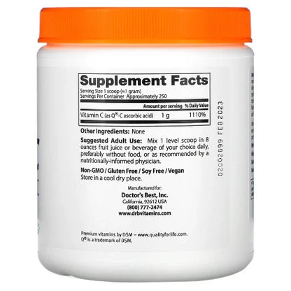 Doctor's Best Pure Vitamin C Powder contains Q®-C, which is manufactured in Scotland and prized for its quality and reliability. Vitamin C is indispensable to the body for its role in the synthesis of collagen, carnitine, and certain brain chemical transmitters. Abundant clinical research confirms Vitamin C's fundamental support for the immune system, brain, eyes, heart and circulation, and all organ systems.