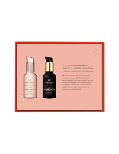 Valued at $98 NZD! Promote rejuvenated, radiant skin around the clock with Living Nature’s new Dawn to Dusk Duo Set. Containing award winning Active Brightening Serum and Advanced Renewal Night Serum, this plant powered duo provides essential skin nourishment and collagen boosting support with 100% natural, sustainably sourced ingredients.