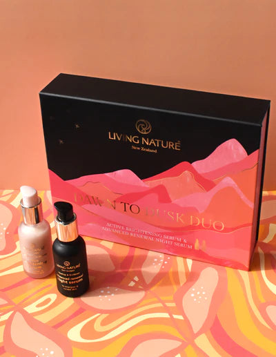 Valued at $98 NZD! Promote rejuvenated, radiant skin around the clock with Living Nature’s new Dawn to Dusk Duo Set. Containing award winning Active Brightening Serum and Advanced Renewal Night Serum, this plant powered duo provides essential skin nourishment and collagen boosting support with 100% natural, sustainably sourced ingredients.