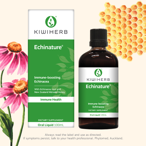 KIWIHERB Echinature®100ml  Kiwiherb Echinature® is premium New Zealand grown Echinacea Root with Manuka Honey providing an immune formula for year-round use. This guaranteed high potency formulation is standardised for Alkylamides, the main active constituent in Echinacea.