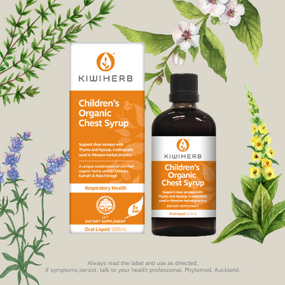 KIWIHERB Children’s Organic Chest Syrup 200ml Kiwherb Children's organic chest syrup helps clear airways in the chest by loosening mucus for removal from the respiratory tract. Soothes the airways and supports a healthy respiratory system.  Specialist formulation combining traditional respiratory herbs including Mullein, Thyme, Hyssop and Marshmallow in a base of delicious Manuka honey.