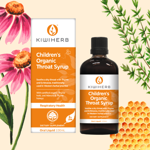 KIWIHERB Children's Organic Throat Syrup 100ml Kiwiherb Children’s Organic Throat Syrup contains certified organic Echinacea and Thyme, and has been formulated for children 0 - 12 years of age. This formula may assist in the management of upper respiratory tract infections, and reduce the severity and duration of colds. Naturally sweetened with Thyme and Manuka Honey.