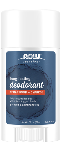 NOW Foods Long-Lasting Deodorant Stick, Cedarwood + Cypress 62g 1st Stop, Marshall's Health Shop! Condition: Body in need of long-lasting odor protection for the underarms and/or feet. Solution: NOW® Solutions long-lasting deodorant is scientifically formulated, combining the odor-fighting properties of zinc oxide with the woodsy notes of cedarwood and cypress.
