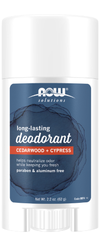 NOW Foods Long-Lasting Deodorant Stick, Cedarwood + Cypress 62g 1st Stop, Marshall's Health Shop!  Condition: Body in need of long-lasting odor protection for the underarms and/or feet.  Solution: NOW® Solutions long-lasting deodorant is scientifically formulated, combining the odor-fighting properties of zinc oxide with the woodsy notes of cedarwood and cypress.