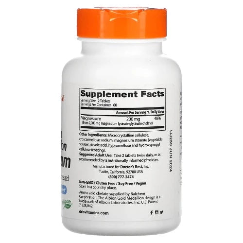 octor's Best Magnesium provides a daily dose of high absorption magnesium without the gastrointestinal distress. This superior formula with 100% chelated lysinate glycinate magnesium absorbs effectively to support muscle relaxation and optimum nerve function.