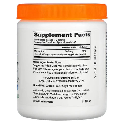 Doctor's Best High Absorption Magnesium provides a daily dose of high absorption magnesium without the gastrointestinal distress. This superior formula with 100% chelated lysinate glycinate magnesium absorbs effectively to support muscle relaxation and optimum nerve function.
