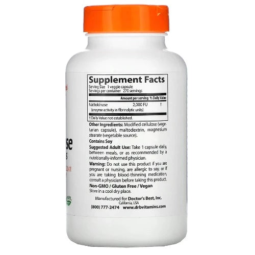 Doctor's Best Nattokinase, 2,000 FUs, 270 Veggie Caps Nattokinase is an enzyme derived from "natto", a traditional fermented soy food popular in Japan. During the natto production process, non-GMO soybeans are boiled and fermented with friendly Bacillus subtilis bacteria producing nattokinase.
